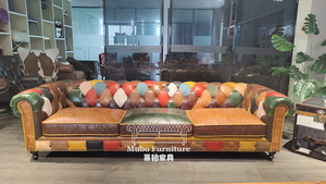 Juego de Sofás Chesterfield de Estilo Industrial Vintage, Cuero Genuino, Diseño <span class=keywords><strong>Patchwork</strong></span> para Hotel, Aplicación en Talleres, con Función de Refrigeración - Product Image 2