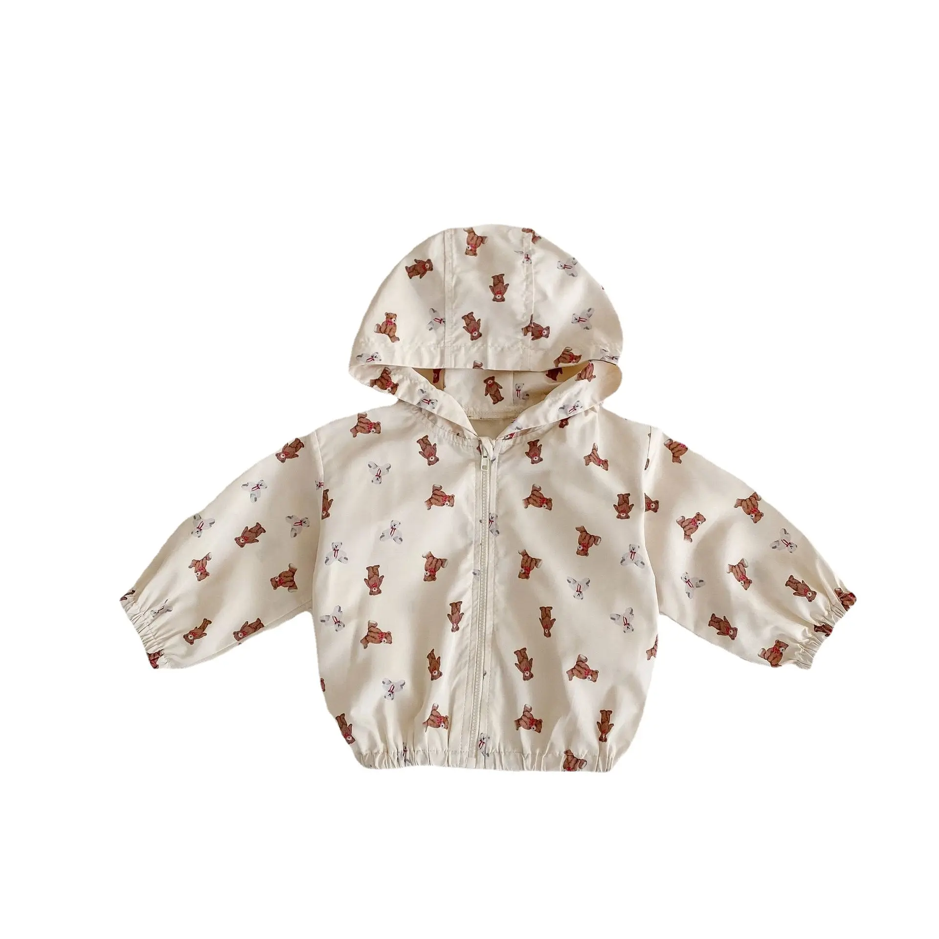 새로운 봄 여름 의류 아기 하트 모양의 작은 곰 인쇄 방풍 태양 방지 가디건 긴 소매 얇은 후드 코트