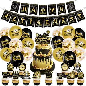 Черные, золотые, бумажные баннеры для счастливого выхода на пенсию, топперы для торта, напечатанные латексные шары с конфетти, набор для украшения тематической вечеринки на пенсию