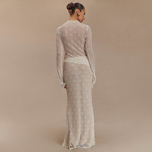 Lace Two-Piece Set Long Sleeve High Neck Sheer <b>Top</b> Slim Fit Skirt Solid Color Summer <b>Wedding</b> Dress FDC1131 - Product Image 4