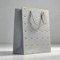 Premium Geschenktüte aus Hellgrauem Papier mit Geprägter Textur und Goldfolie, Luxuriöse Einkaufstasche mit Anhänger für Hochwertige Boutiquen