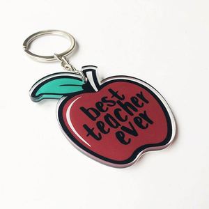 Hot Selling Acrylic Keychain Lovely Sweet Teacher's Day Gift with Doll Animal Cat Pattern Special Apple Keyring for Teachers - Product Image 2