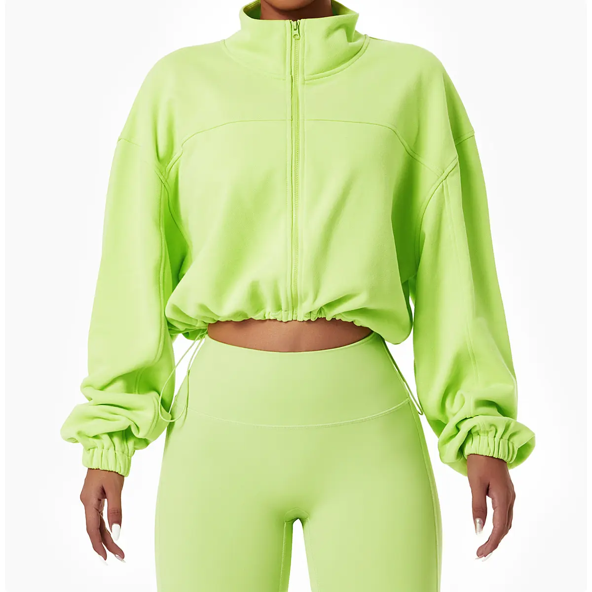 Özel kapüşonlu üstler tam Zip Yoga ceketi kadın spor damla omuz Hoodie standı yaka İpli kırpma üst kazak 1 parça