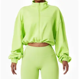 Custom Hoodies Full Zip Yoga Jacket Women&#39;s Fitness Drop Shoulder Hoodie Stand Collar Drawstring Crop Top Sweatshirt 1 Piece