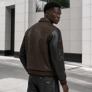 <span class=keywords><strong>Giacca</strong></span> Varsity OEM da Uomo Marrone e Nera, Personalizzata in Ecopelle Lavata, Pesante, con Zip e <span class=keywords><strong>Motivi</strong></span>, Stile Letterman - Product Image 3