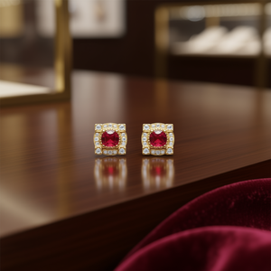 Orecchini a perno E1658 in oro con rubino e diamanti taglio brillante rotondo incastonati a castone, gioielli da sposa classici geometrici da donna - Product Image 2