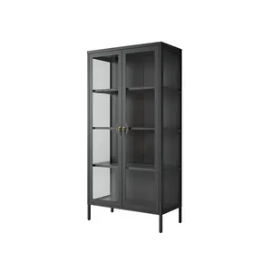 BLACK WHOLESALE CUSTOMIZED 2 DOOR HIGH GLASS CABINET TALL DISPLAY BOOK SHELF CABINET FOR LIVING ROOM