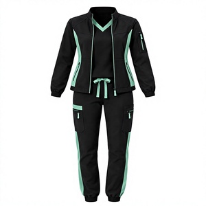 <b>Women</b>’s 3 Piece Scrub Set Black Medical Workwear Mint Contrast Zip <b>Jacket</b> V Neck Top <b>Cargo</b> Jogger Pants - Product Image 1