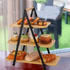 Plateaux à manger en bambou à 3 niveaux Plateaux de service Snack Pain Dessert Stand Holder Plateau de service alimentaire - Product Image 5