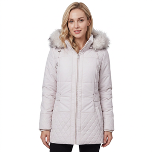 <b>White</b> Woven Solid Quilted Polyester Wadding Jacket Women Hooded Winter <b>Coat</b> with Fur Trim <b>Belted</b> Outerwear - Product Image 1