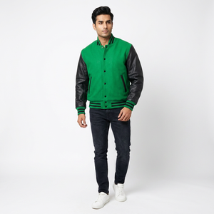 Custom Genuine Leather Sleeve Varsity Bomber <b>Jacket</b> Winter Slim Fit <b>Fleece</b> <b>Lining</b> Women Men Collar - Product Image 1