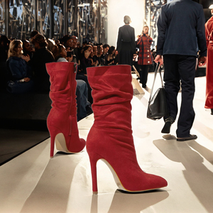 Chaussures à talons hauts à bout pointu et à plis naturels, bottes mi-hautes avec fermeture éclair, semelle en caoutchouc - Tendance mode automne/hiver - Product Image 3