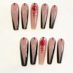 French Long Coffin False Nails with Black Finger Tips and Red Nail Rhinestones Line Full Cover High Quality Press On Nails
