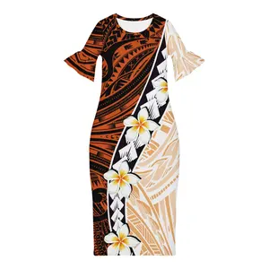 橙色plumeria Polynesian部落设计印花短袖连衣裙女士定制图案高品质荷边袖子连衣裙