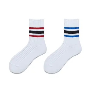 Ready to ship trendy simplicity breathable non slip three bars white crew cotton dressed socks for men