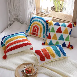 Capa de almofada tufada para sofá-cama, fronha decorativa colorida com borla e borla, capa de almofada em tecido boho para sofá-cama