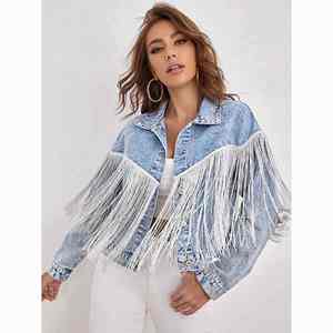 Chaquetas Vaqueras para Mujer con Flecos, Manga Larga, Chaqueta de Moda con Borlas, Estilo Casual Holgado, Chaqueta Corta, Blazer con Ondas Arcoíris para Primavera - Product Image 2