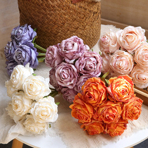 ดอกกุหลาบประดิษฐ์ ดอกไม้ผ้าไหม ขอบอบสีเหมือนจริง ของตกแต่งงานแต่งงาน อุปกรณ์ประกอบฉากบ้าน สีส้ม ชมพู ขาว ม่วง แชมเปญ - Product Image 1