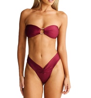 Nouvel Arrivage Ensemble Bikini Deux Pièces Luxe OEM d'Usine pour Femme, Couleur Bourgogne, Bandeau Sans Bretelles à Anneau en O, Coupe Haute, Taille en V, String