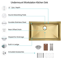 Évier de cuisine artisanal Aquacubic 33 pouces en acier inoxydable SUS304 avec revêtement nano, à poser sous plan, couleur or