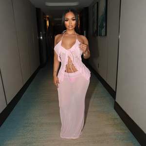 ชุดเซ็ต 2 ชิ้นสำหรับสาวพลัสไซส์ เสื้อสายเดี่ยวตาข่ายแต่งระบาย พร้อมกระโปรงยาวผ้าชีฟองซีทรู ชุดเที่ยวพักผ่อน - Product Image 5