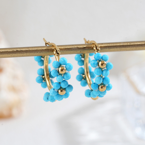 JUSTOP Gold Plated Flower Shape Hoop <b>Earrings</b> with Turquoise Beads Romantic Style Women's Everyday Wear Jewelry - Product Image 2