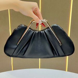 <b>Black</b> PU Leather Clutch Bag With Gold Frame Handle Solid Color Evening Party Style Flap Closure Ring Strap - Product Image 1