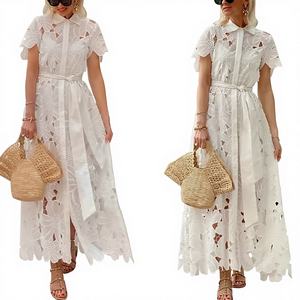 2025年新作 夏 カジュアル 静電気防止 エンパイアウエスト レース カーディガン シングルブレスト ワンピース (越境独立系ストア) - Product Image 1