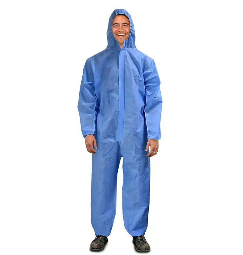 Einweg-Overalls mit Kapuze Blauer Schutzanzug 55g SMS-Kleid Einweg artikel mit elastischen Manschetten und Knöcheln mit Reiß verschluss vorne