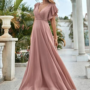 Robes de <span class=keywords><strong>demoiselle</strong></span> <span class=keywords><strong>d</strong></span>'<span class=keywords><strong>honneur</strong></span> personnalisables <span class=keywords><strong>Robe</strong></span> en mousseline de soie <span class=keywords><strong>rose</strong></span> unie à col en V profond avec taille naturelle teint en plaine pour les femmes - Product Image 4