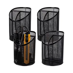 High Quality Round Mesh Pen Holder Metal Pencil Holder With 3 Compartments For Desk Pen Storage