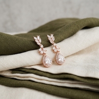 Boucles d'oreilles pendantes hypoallergéniques plaquées or rose 18 carats avec feuilles botaniques, grappe de zircons cubiques AAA, poire et goutte d'eau, style bohème, pour mariage, collection 2026