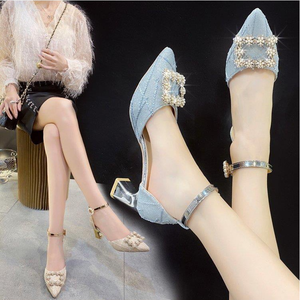 Nuovo stile strass fibbia quadrata tacco spesso taglio superficiale tacchi alti da donna sandali a punta 2299 - Product Image 3