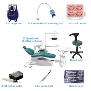 Set completo poltrona odontoiatrica economica con sgabello dentista <span class=keywords><strong>Scaler</strong></span> Curing manipolo leggero compressore d'aria fotocamera custodia in legno Ce E3 - Product Image 2