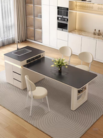 XINGRUO Nouvelle Tendance : Meubles de Cuisine Modernes avec Îlot Central et Table à Manger Intégrée, Design Luxe Blanc Crème Sans Poignées