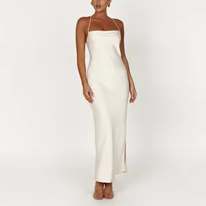 Custom Lady Elegant Backless White Straight Satin Dresses Silk Slip Maxi Long Dress For Women