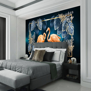 Papel Tapiz Autoadhesivo de Seda con Fondo <span class=keywords><strong>Azul</strong></span> Profundo, Flamencos y Plantas Tropicales, Impermeable, Fácil de Instalar, Moderno, para Dormitorio - Product Image 4