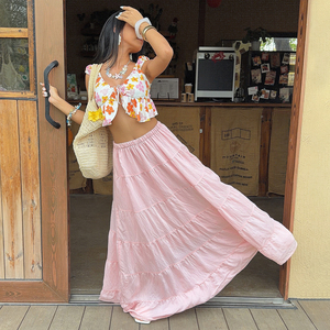 Falda Maxi de Mujer con Cintura Fruncida Natural, Tejida, Suave, de Color Liso, Estilo Línea A, Fluida, con Forro Antiexposición, Ideal para Vacaciones en la Playa - Product Image 4