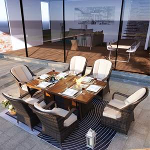 DB Direct Durable Wicker 7 PCS Patio Dining Set Gas Firepit Ice Container Rectangle 6 Chaises à hauteur standard pour usage extérieur - Product Image 2