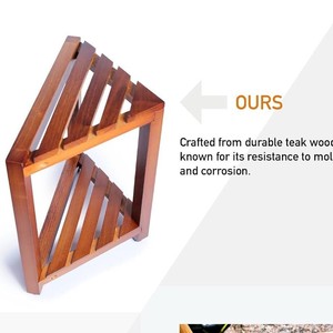 Teak Triangular Bathroom <b>Storage</b> Stool Double Layer Corner Shelf For Shower And <b>Bath</b> Use Amber Color - Product Image 4
