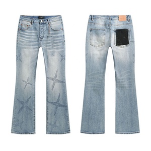 Jeans <span class=keywords><strong>Homme</strong></span> Délavé Bleu Clair Effet Usé avec Logo ODM/OEM, Coupe <span class=keywords><strong>Skinny</strong></span>, Boutons, Strass, et Effet Évasé Vintage SunFaded - Product Image 5