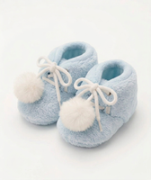 Chaussons d'hiver en peluche à pompons pour bébé, semelle souple, à lacets, pantoufles en fourrure pour nourrissons