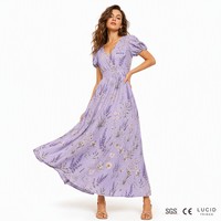 Robe longue femme en viscose 120g, coupe trapèze évasée, manches bouffantes, imprimé floral, style provençal romantique rustique français, personnalisable avec logo – Vente en gros
