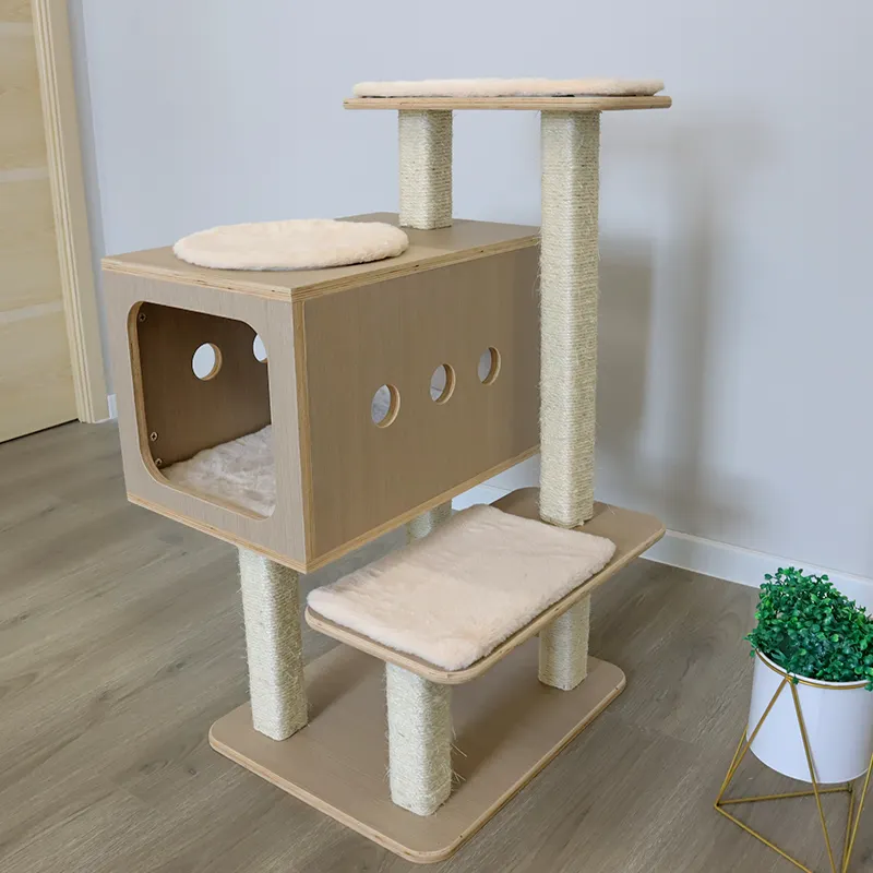 Pet furniture modern nature sisal large climbing frame scratcher components wood cat tree house tower