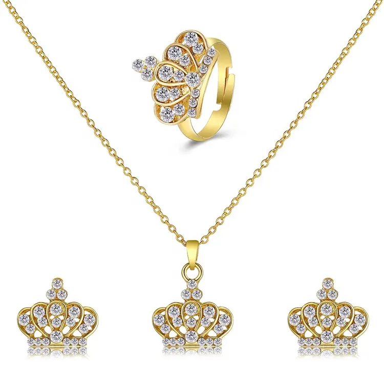 Joyería de corona barroca de tres piezas, collar de diamantes de corazón de oro completo, 2023