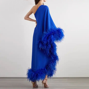 Abbigliamento personalizzato produzione di lusso abito <span class=keywords><strong>da</strong></span> <span class=keywords><strong>sera</strong></span> monospalla elegante abito <span class=keywords><strong>taglie</strong></span> forti per festa abito <span class=keywords><strong>da</strong></span> <span class=keywords><strong>sera</strong></span> con piuma di struzzo - Product Image 3