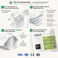 Pochette souple OEM minimaliste blanche mate avec bec verseur, 500 ml, 1000 ml, pour savon liquide et détergent, avec bouchon à vis d'angle