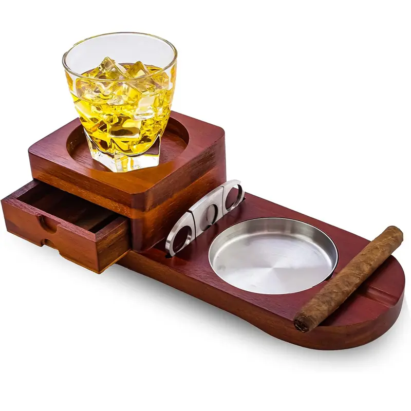 Grandes accesorios para cigarros para hombres Bandeja de vidrio para whisky y Cenicero de madera con cortador de cigarros Cenicero de madera Posavasos