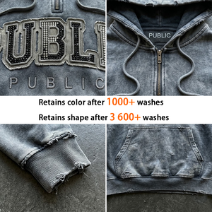 Fabricante OEM/ODM, Sudadera con Capucha Personalizada de 400GSM, Estilo Vintage de Primavera, con Apliques, Unisex, con Pedrería, Efecto Desgastado y Decolorado por el Sol, para Hombre - Product Image 2