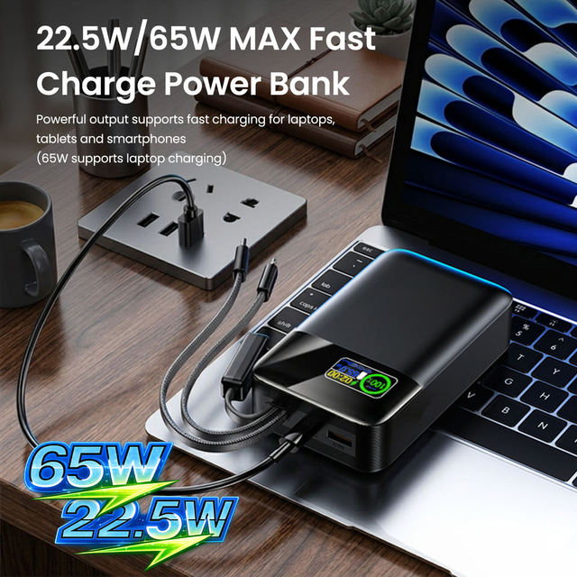 Wholesale 65W 30000mAh Power Bank with TFT Display Built-in Cables Fast Charging External Battery for Laptop Mobile Phone